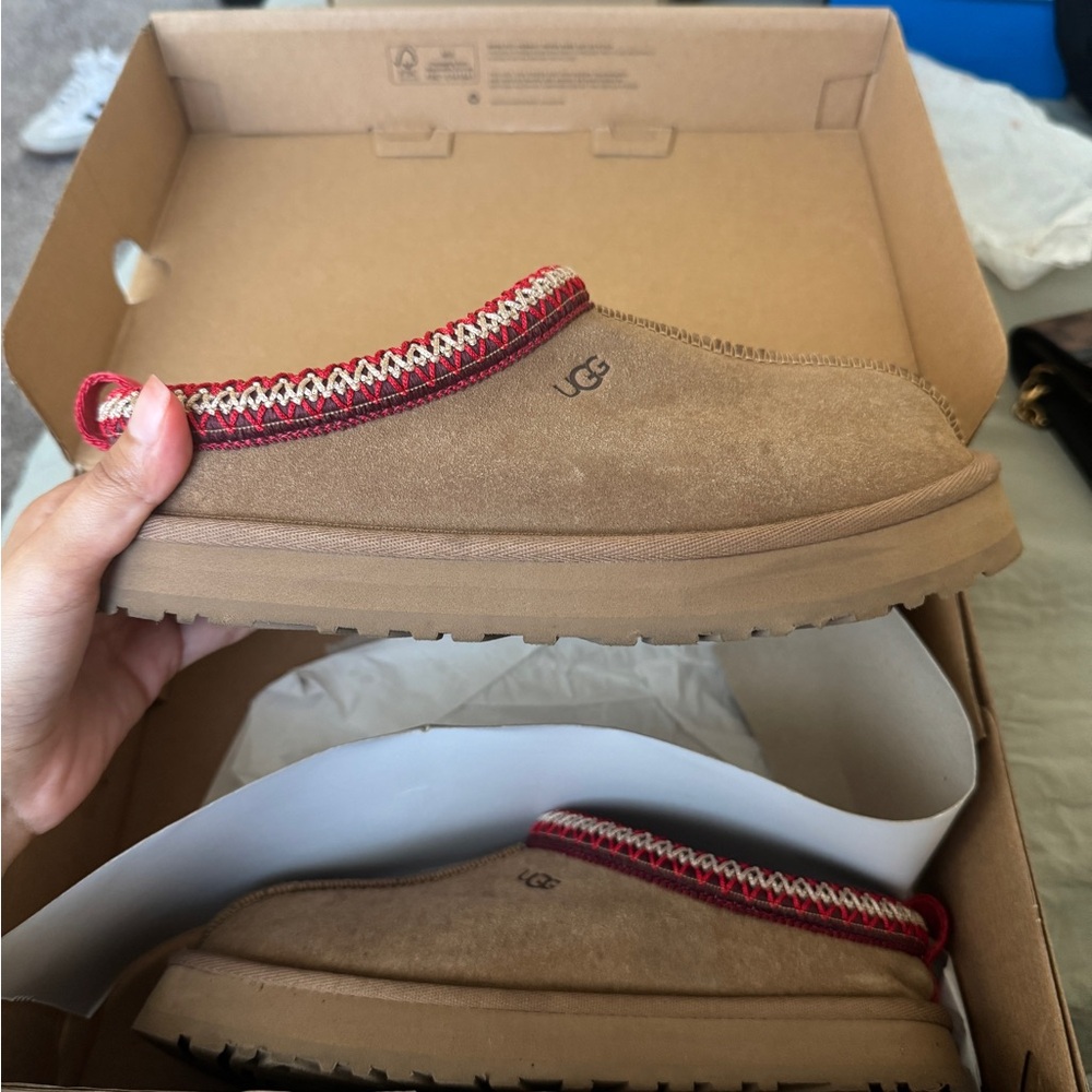 UGG Tan and Red Slippers with Suede Finish